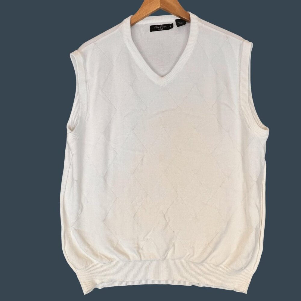 Alan Flusser Mens L Sweater Vest White Diamond Knit Pullover Golf Classic Preppy
